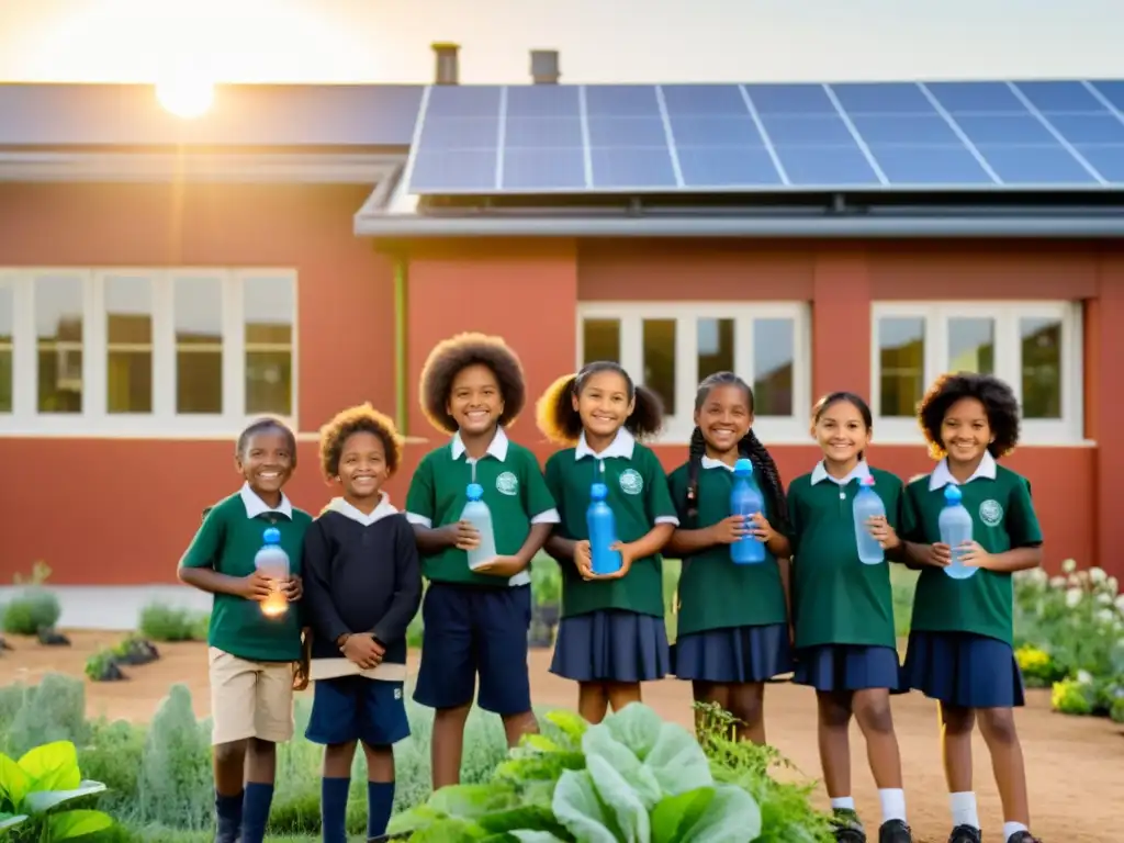 Niños con ropa ecológica y botellas reutilizables en escuela sostenible al atardecer