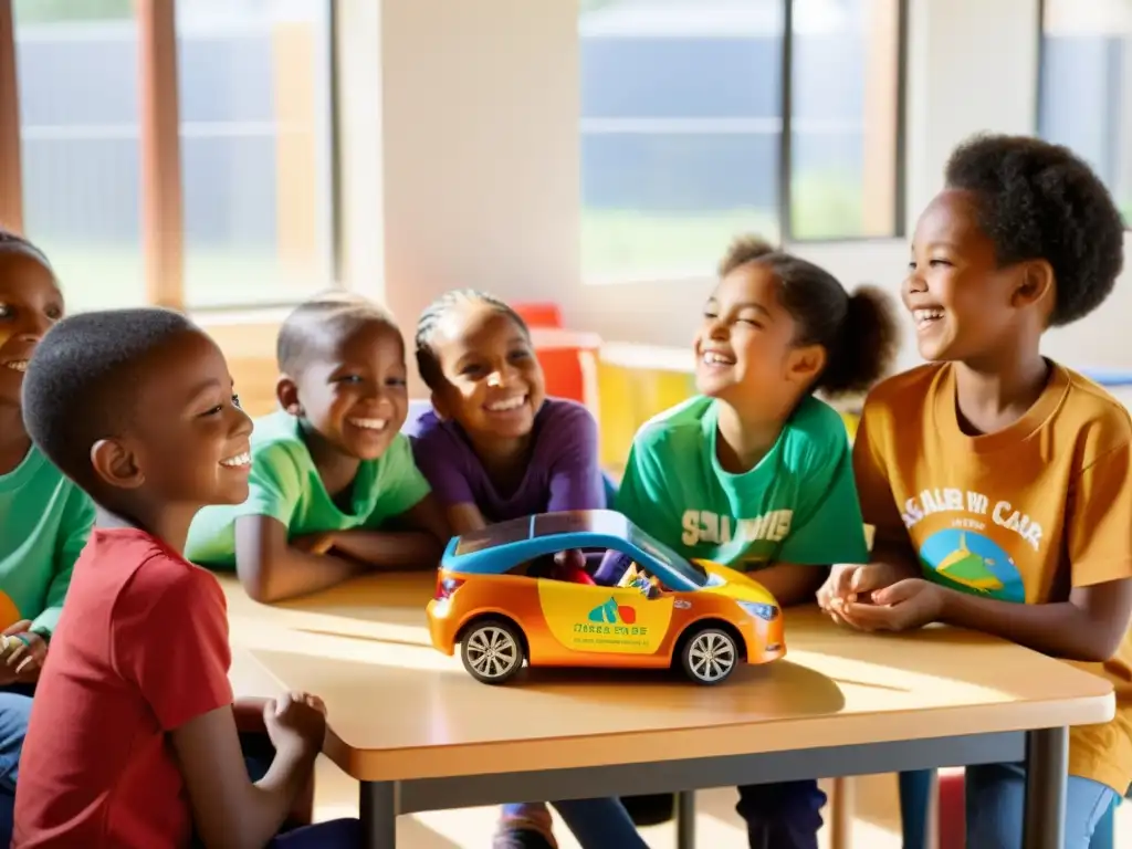 Diversos niños sonrientes juegan con un auto solar en un aula iluminada, rodeados de carteles sobre energía limpia