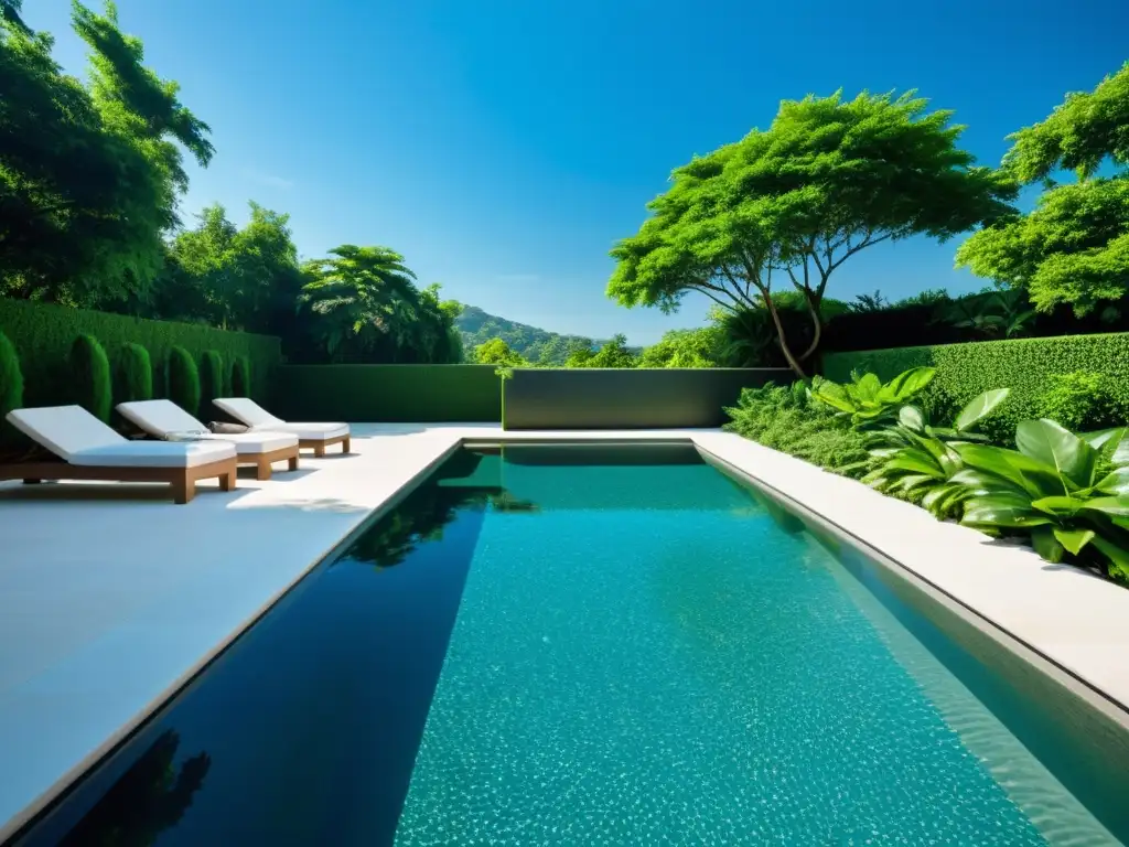 Un oasis de bioenergía con algas para piscinas; el agua cristalina refleja un cielo azul sobre un entorno exuberante y elegante