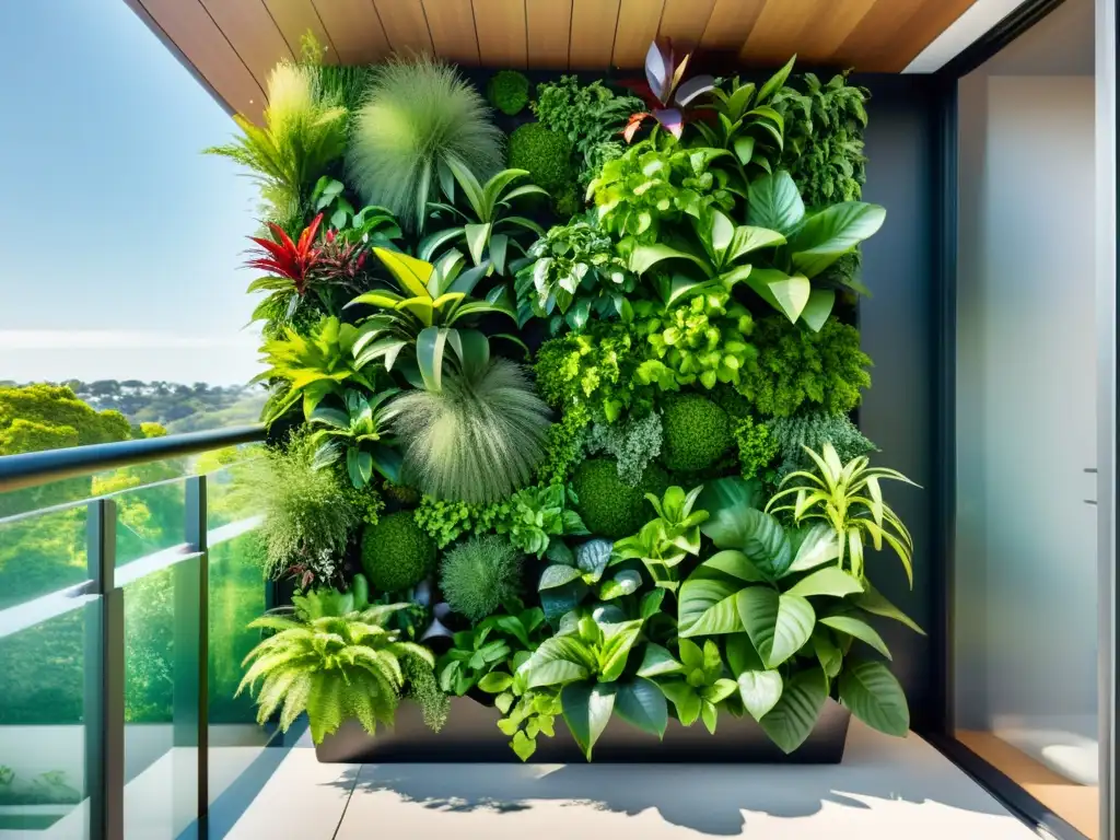 Un oasis de jardinería vertical hogar sostenible en un balcón urbano, con plantas vibrantes y diseño moderno, bañado por luz natural