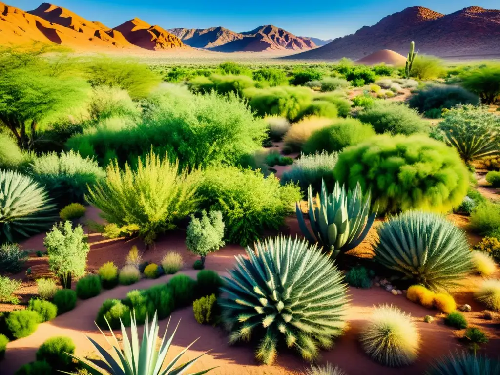 Un oasis de permacultura en un paisaje desértico, con plantas resistentes a la sequía y exuberante vegetación