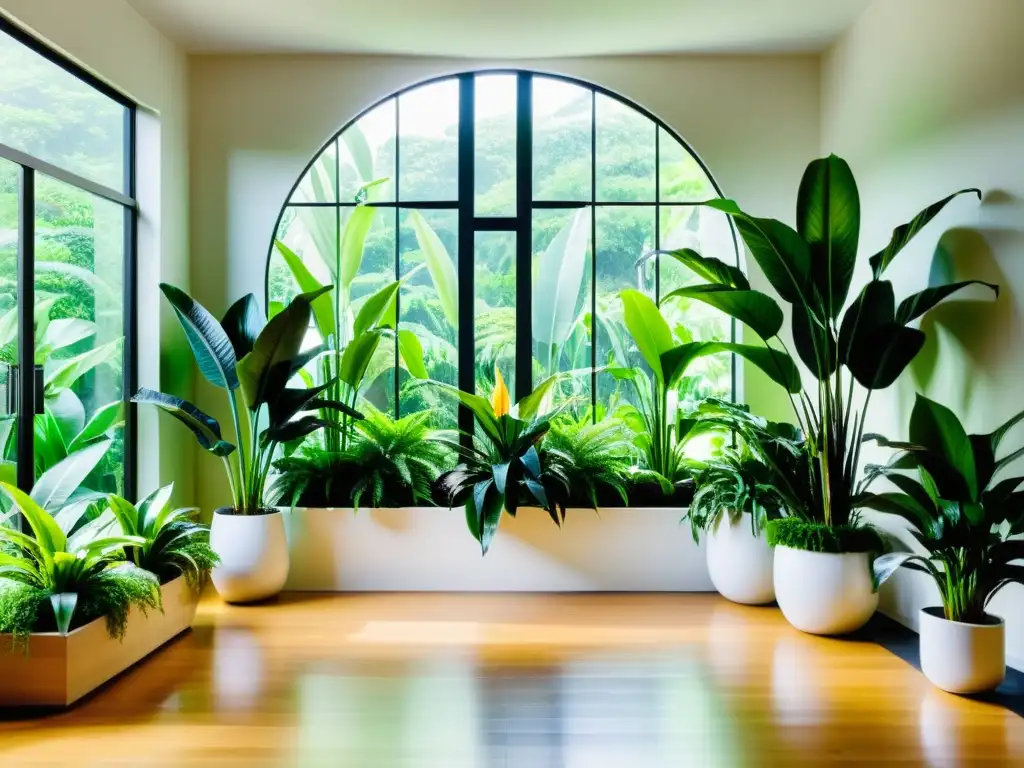 Un oasis de plantas purificadoras de aire interior, creando un ambiente sereno y sostenible con luz natural