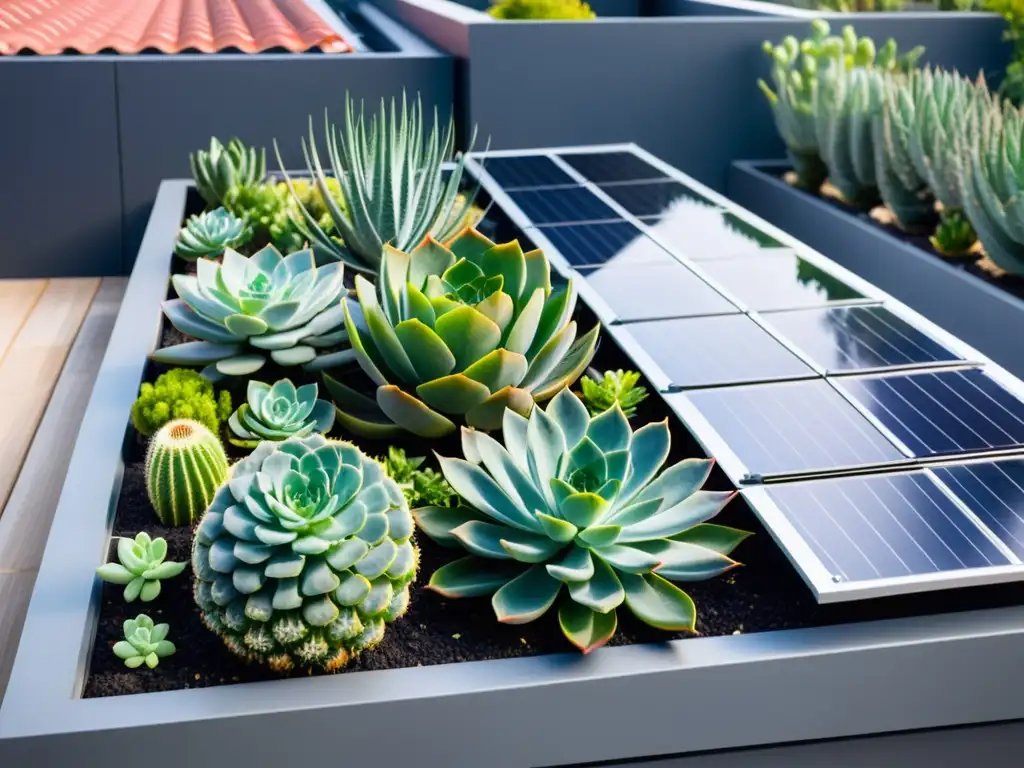 Un oasis urbano ecológico con suculentas vibrantes y paneles solares, ideal para opciones de cubiertas ecológicas para hogar sostenible