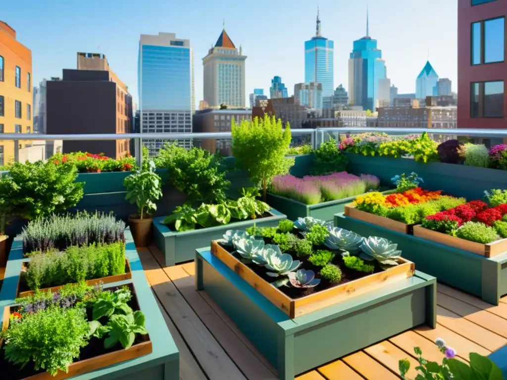 Un oasis urbano vibrante y bullicioso, con cultivo urbano de alimentos sostenibles en un jardín en la azotea de la ciudad