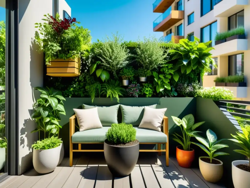 Un oasis verde en un balcón urbano con técnicas ecológicas de jardinería en balcones, lleno de plantas y vegetación exuberante