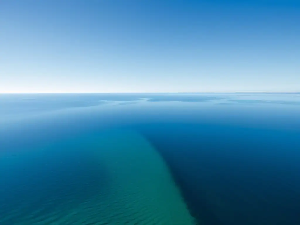 Un océano sereno y vasto reflejando el cielo azul, evocando calma y expansión