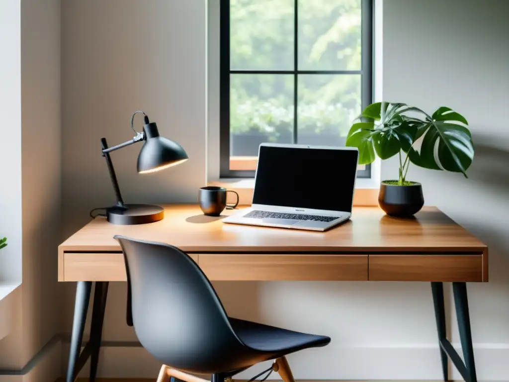 Oficina en casa sostenible con escritorio de madera, silla ergonómica, plantas y elementos organizados, creando un ambiente productivo y tranquilo