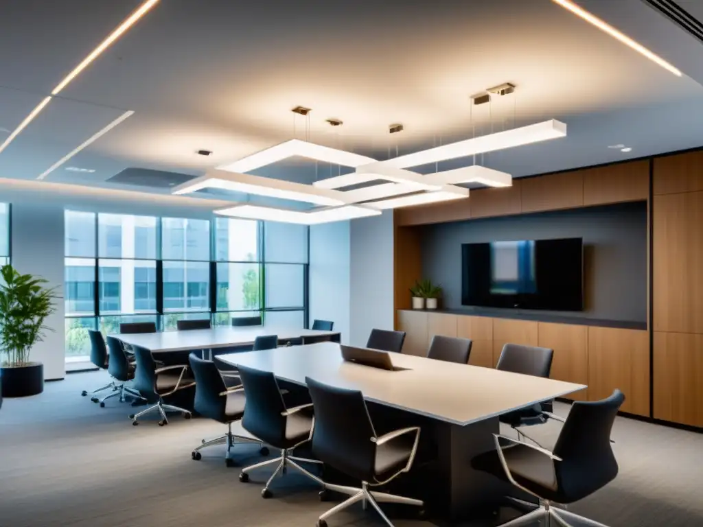 Iluminación moderna y eficiente en oficina: interplay de luz y sombra Oficina moderna con iluminación minimalista y eficiente, creando un ambiente cálido