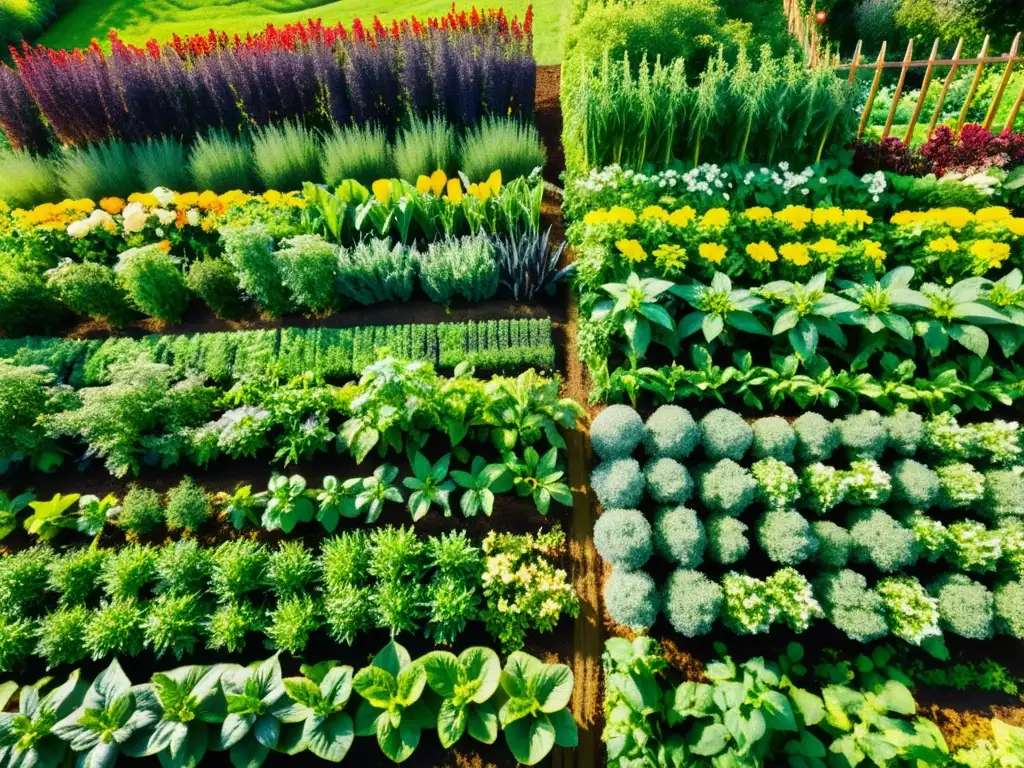 Un jardín orgánico exuberante y vibrante con abonos verdes para huerto ecológico, lleno de vida y color bajo el cálido sol