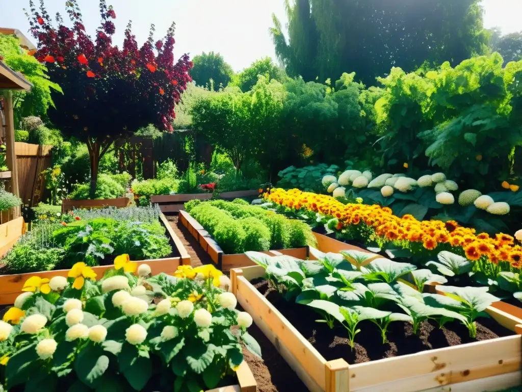 Un jardín orgánico exuberante y vibrante lleno de frutas, verduras y flores, bañado por la cálida luz del sol