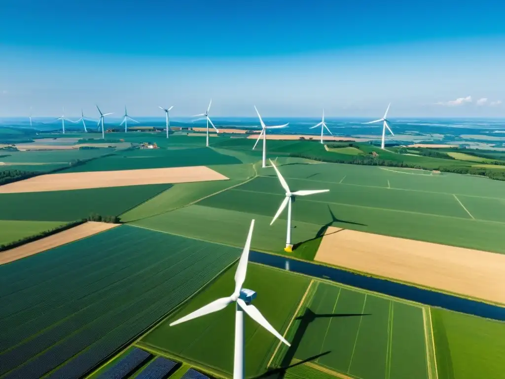 Un paisaje alemán con campos verdes, molinos de viento y paneles solares