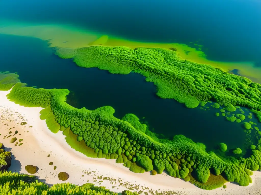 Un paisaje costero sereno con algas verdes vibrantes, bañado por el sol