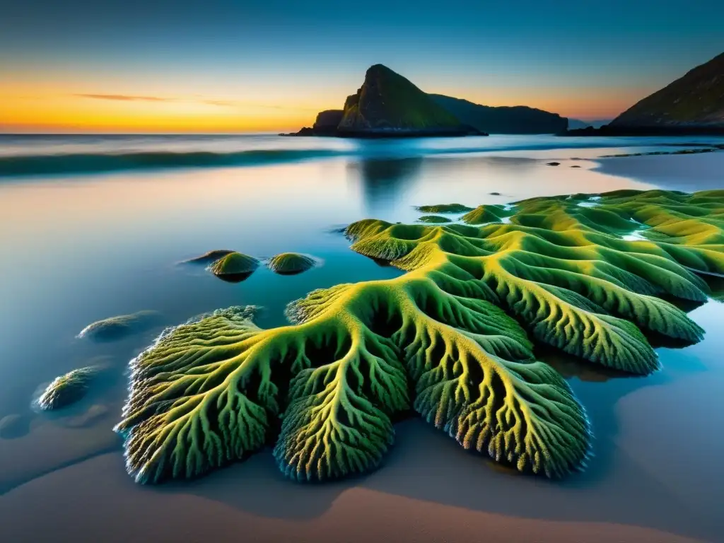 Un paisaje costero sereno al atardecer con algas marinas vibrantes