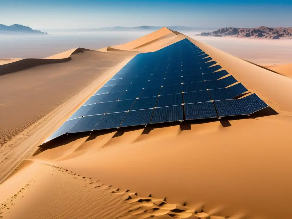 Un paisaje desértico en Emiratos Árabes con paneles solares relucientes, bajo un cielo azul claro