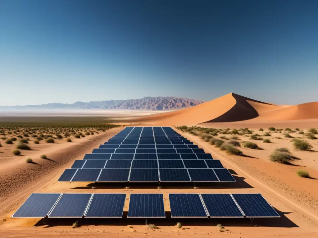 Un paisaje desértico con un panel solar brillante en el horizonte