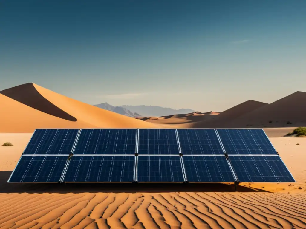 Un paisaje desértico con paneles solares, destacando la armonía con la naturaleza y los desafíos ambientales de la energía solar