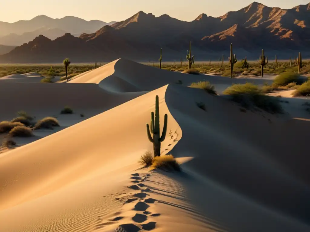 Un paisaje desértico sereno al atardecer, con un solitario cactus saguaro destacándose contra el cálido cielo dorado