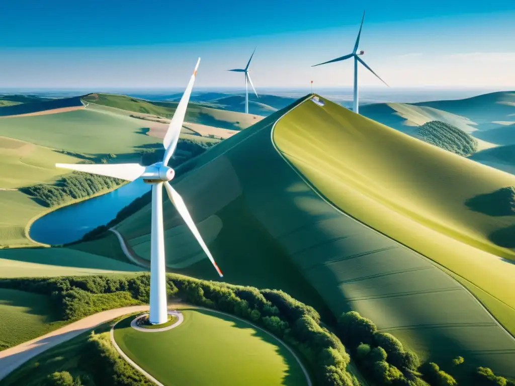 Un paisaje expansivo con un molino de viento en primer plano, rodeado de colinas y cielo azul