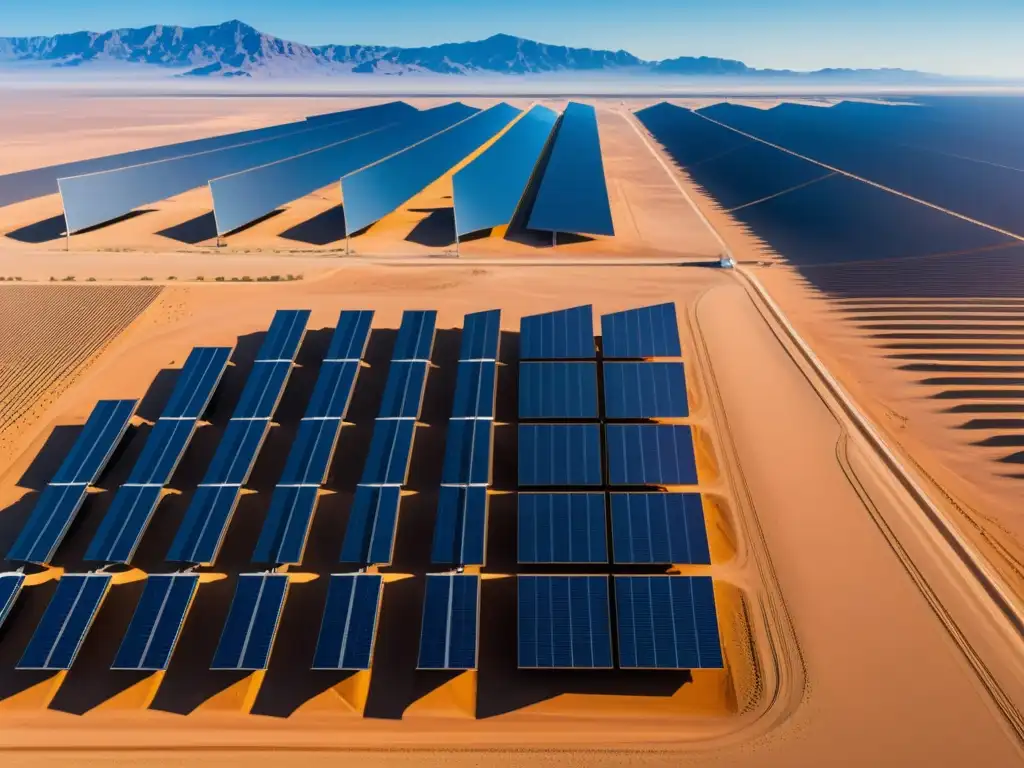 Un paisaje futurista en el desierto con paneles solares y molinos de viento, evocando una política energética sostenible y recursos naturales