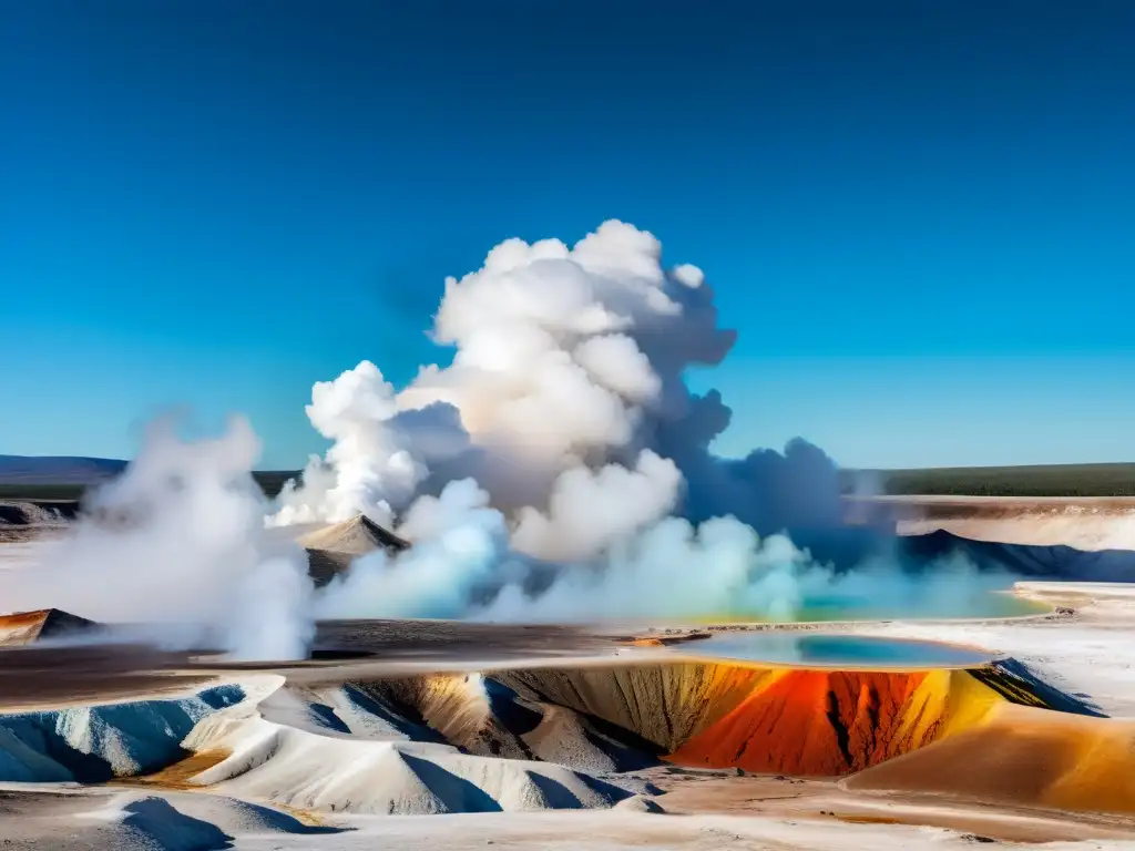 Un paisaje geotérmico expansivo y otro mundo, con vapor y depósitos minerales coloridos, bajo un cielo azul claro