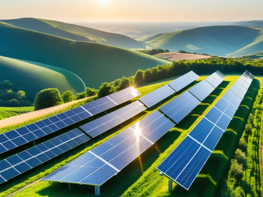 Un paisaje con granjas solares en colinas verdes, iluminado por el sol