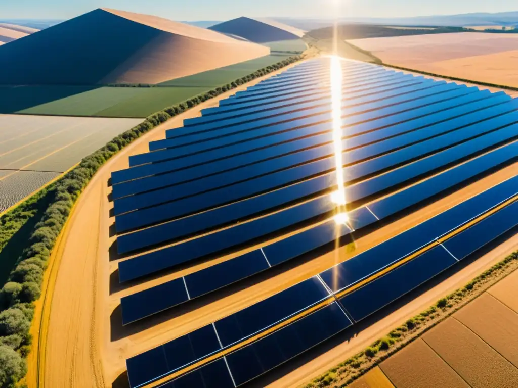 Un paisaje impresionante de un campo futurista de paneles solares, brillando bajo el sol