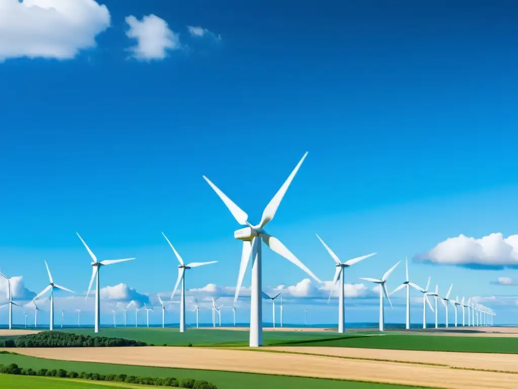 Un paisaje impresionante de un extenso parque eólico con aerogeneradores modernos que se extienden hacia el horizonte