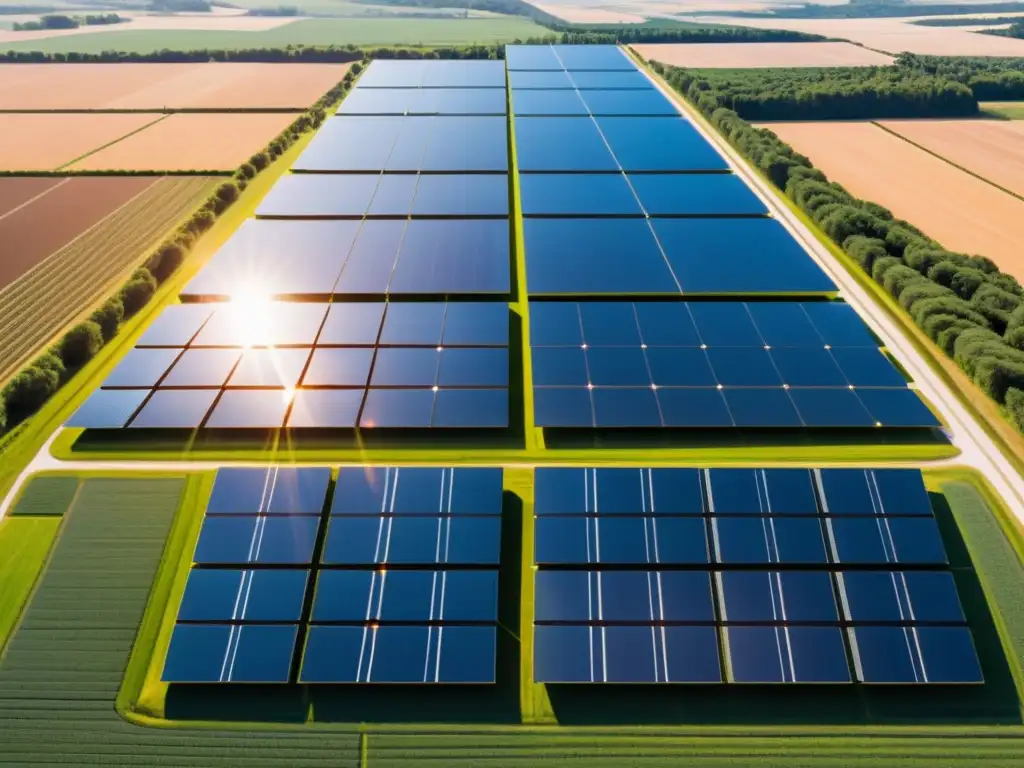 Un paisaje impresionante de paneles solares en un extenso campo bañado por el sol