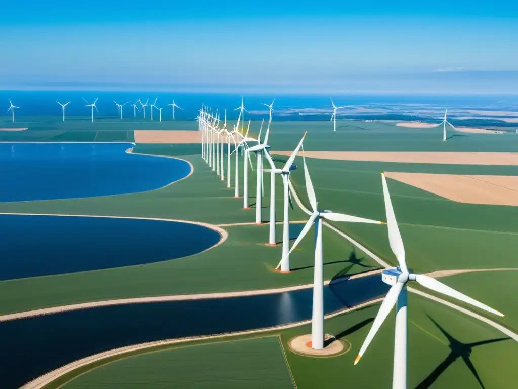 Un paisaje impresionante de un parque eólico en perfecta orientación y localización, con turbinas alineadas en elegante formación bajo un cielo azul