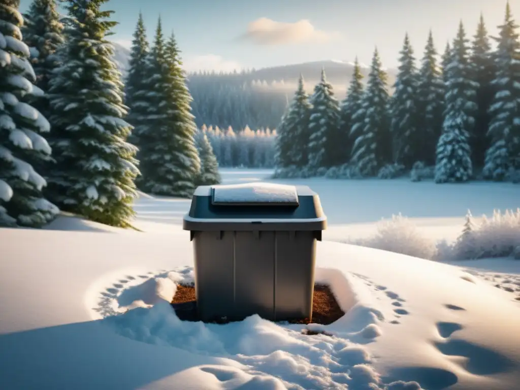 Un paisaje invernal sereno con un compostador minimalista en un entorno nevado, rodeado de árboles perennes