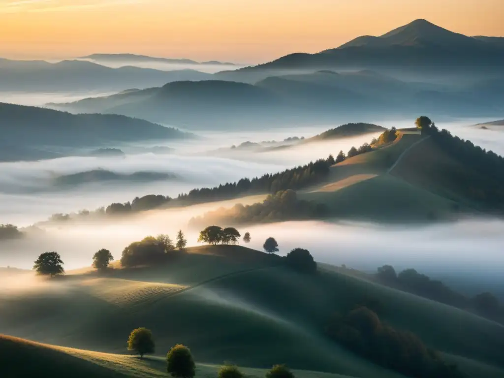 Un paisaje montañoso cubierto de niebla al amanecer, con una atmósfera serena y cálida