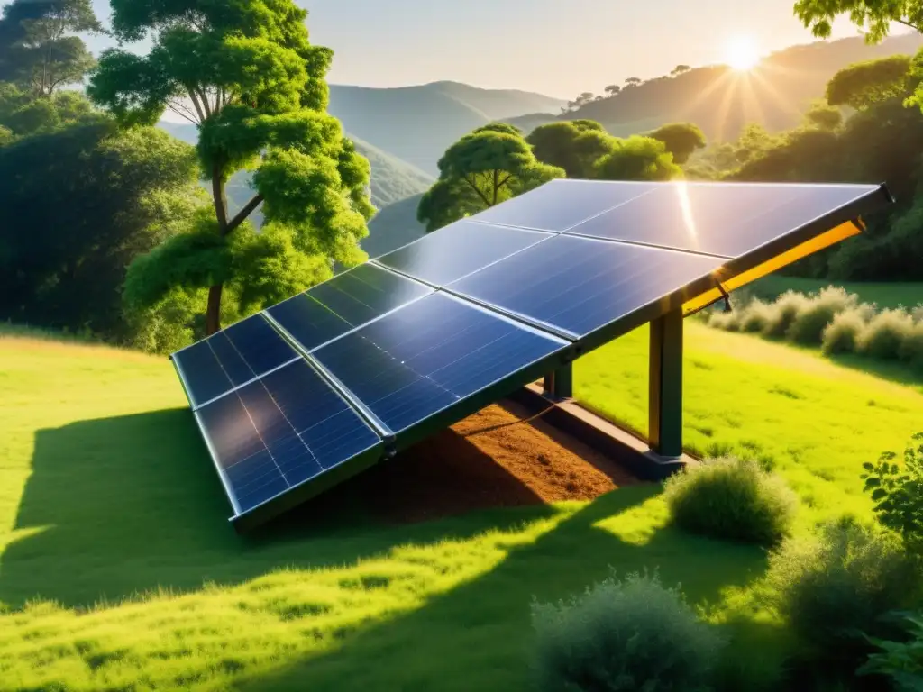 Un paisaje natural con paneles solares integrados armoniosamente, transmitiendo sostenibilidad y equilibrio ecológico