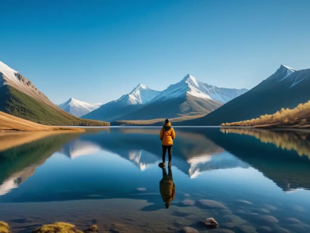 Un paisaje natural sereno con un lago cristalino y montañas reflejadas en el agua