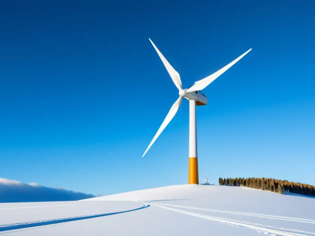 Un paisaje nevado con una moderna turbina eólica en contraste con el cielo azul