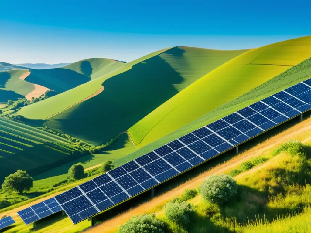 Un paisaje de paneles solares brillantes sobre colinas verdes y cielo azul