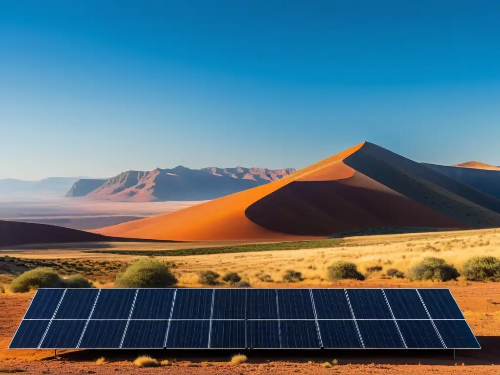 Un paisaje remoto y salvaje con paneles solares modernos capturando la energía del sol