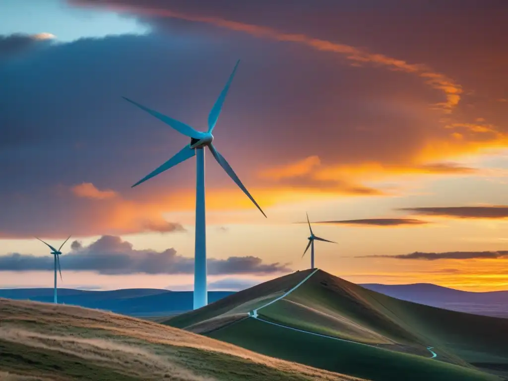 Un paisaje remoto y ventoso al atardecer, con un único sistema eólico destacando entre la naturaleza salvaje