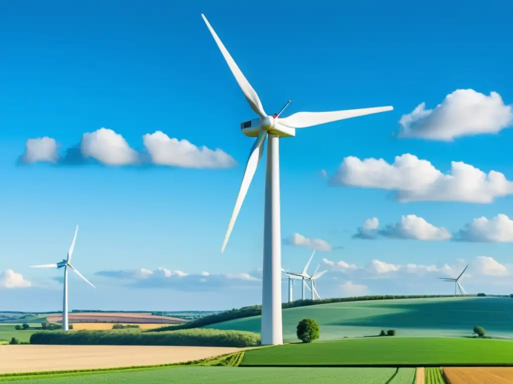 Un paisaje rural armonioso con una moderna turbina eólica en movimiento, simbolizando la autonomía energética de los agricultores en zonas rurales