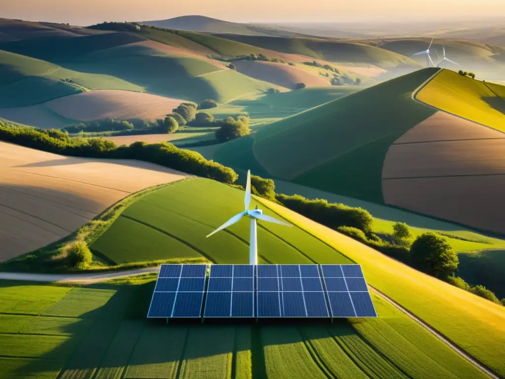 Un paisaje rural bañado por la luz del sol, con paneles solares y un molino de viento