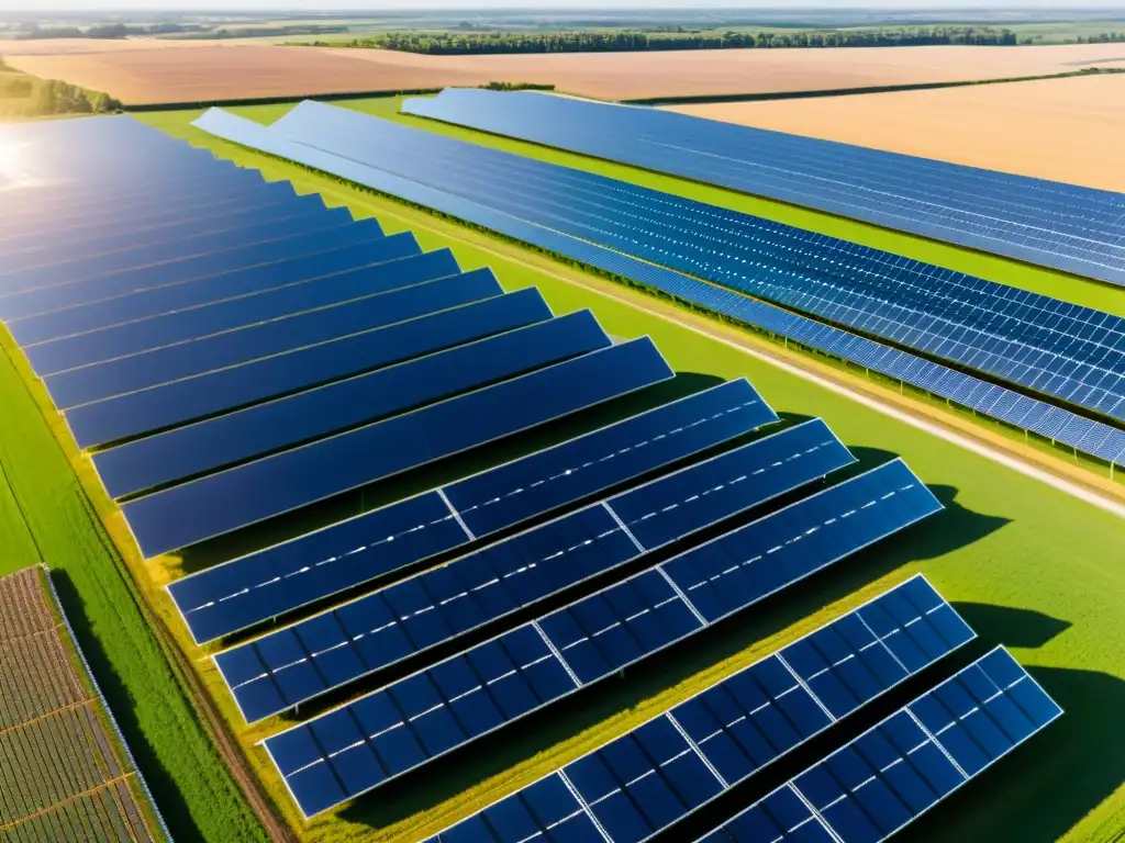 Un paisaje rural bañado por el sol, con paneles solares relucientes que se extienden hasta el horizonte