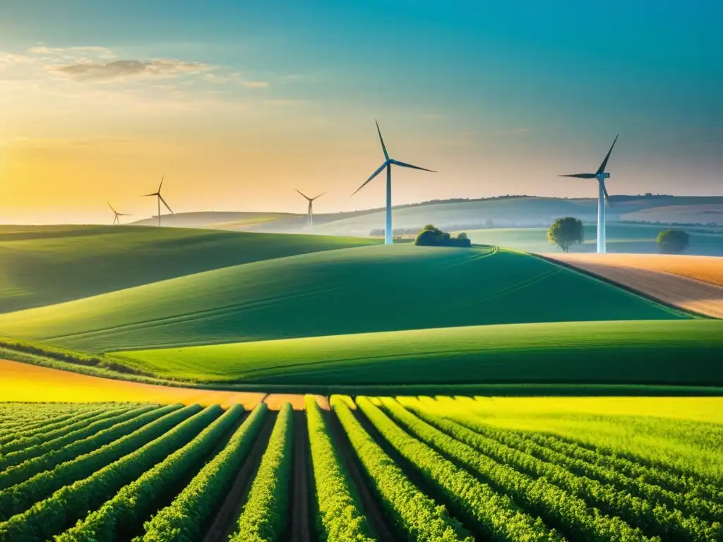 Un paisaje rural iluminado por el sol, con un moderno molino de viento y cultivos verdes