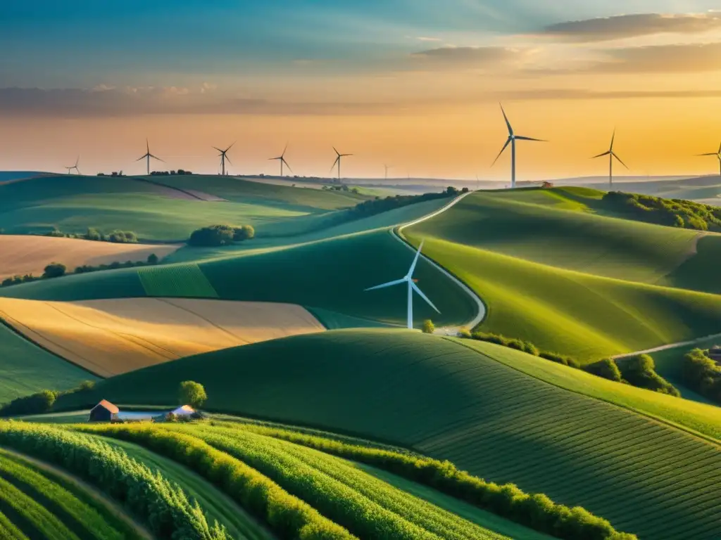 Un paisaje rural con un parque eólico minimalista en el horizonte, colinas onduladas y campos de cultivo