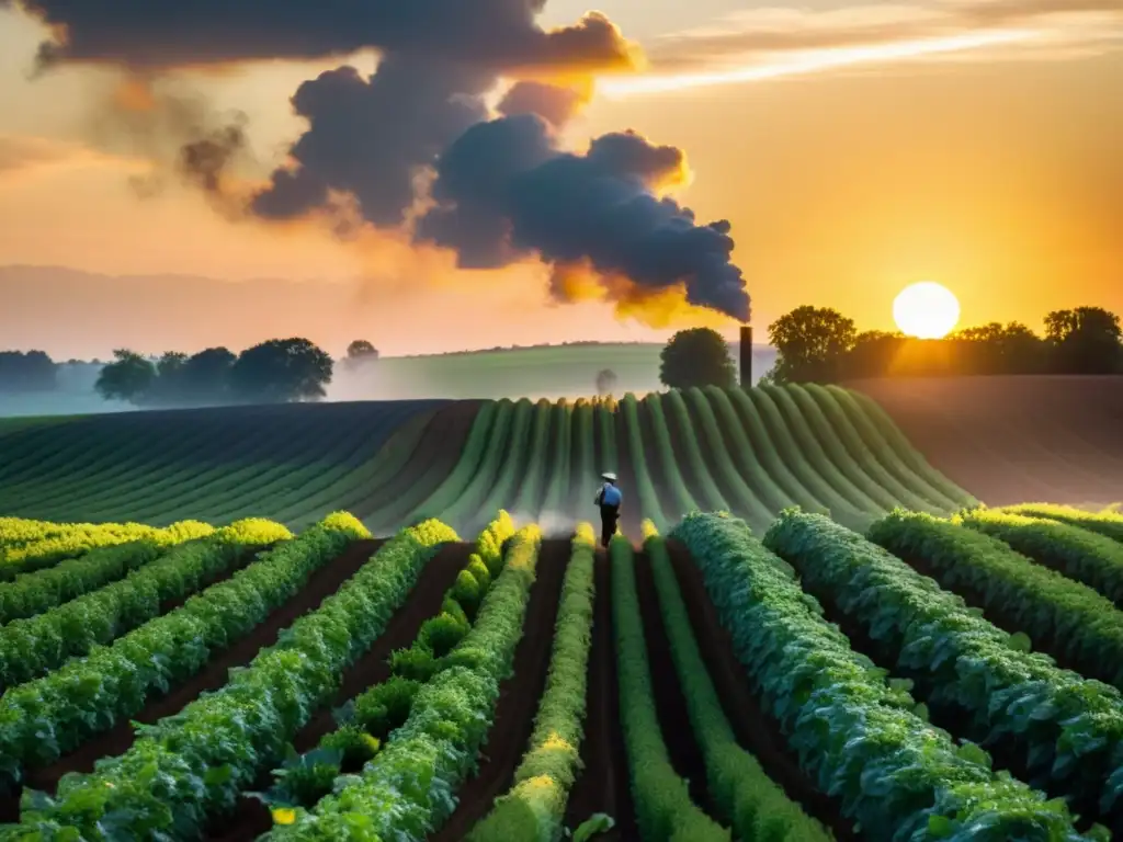 Un paisaje rural con una pequeña planta de biocombustible sostenible entre campos de cultivos verdes