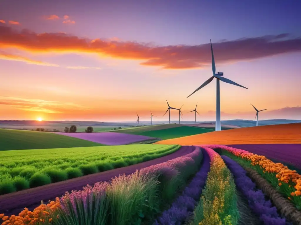 Un paisaje rural sereno al atardecer con un pequeño aerogenerador en el fondo y campos verdes vibrantes