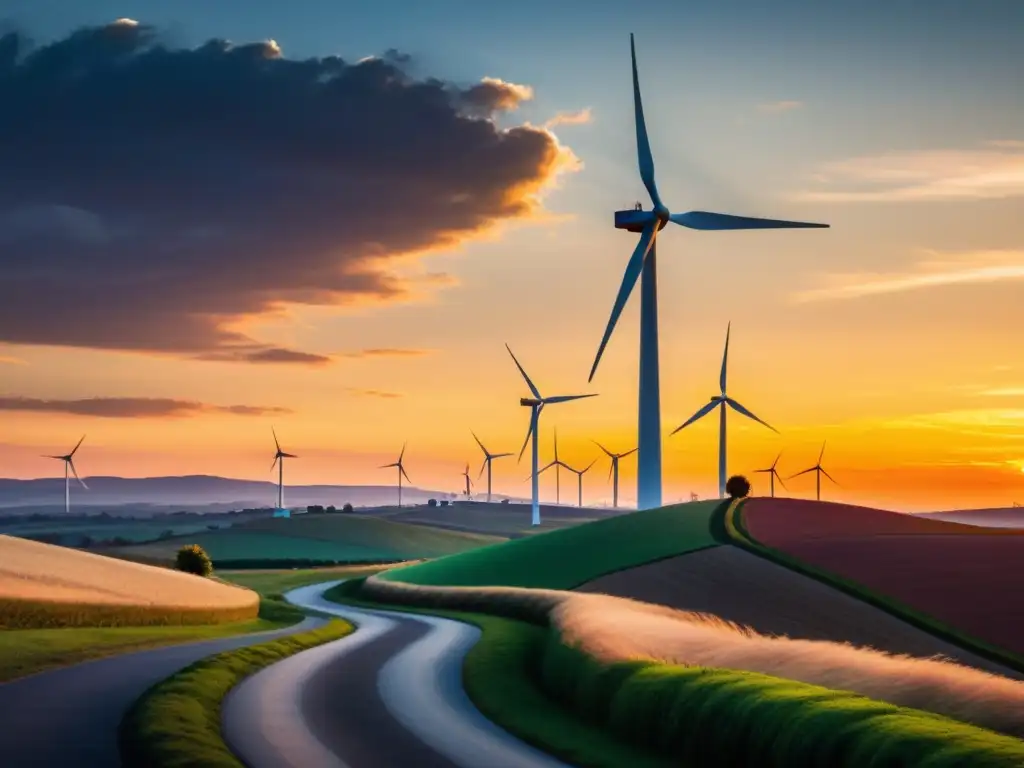 Un paisaje rural sereno al atardecer con iluminación eficiente para zonas rurales