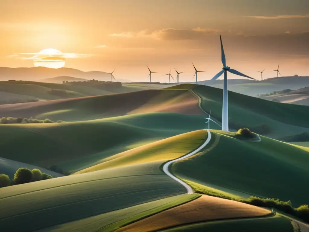 Un paisaje rural sereno con una sola turbina eólica entre colinas y atardecer dorado