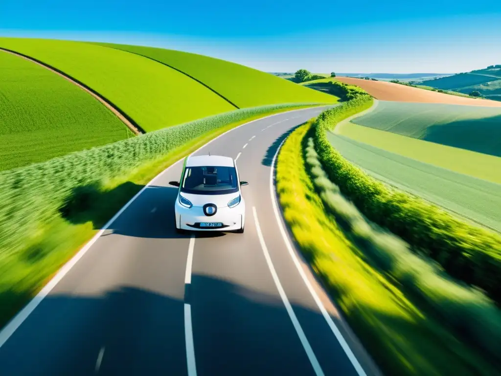 Un paisaje rural sereno con un vehículo eléctrico circulando entre campos verdes, cielo azul y cero emisiones