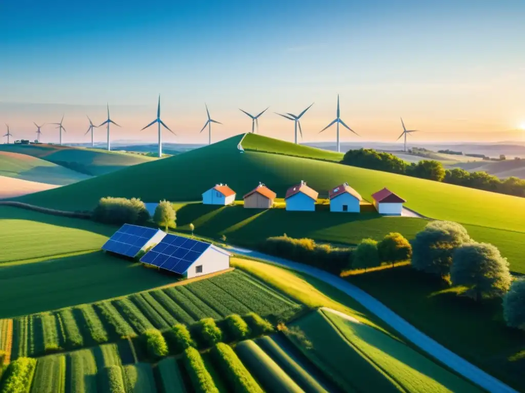 Un paisaje rural sostenible con casas, energía renovable, atardecer cálido y cielo azul