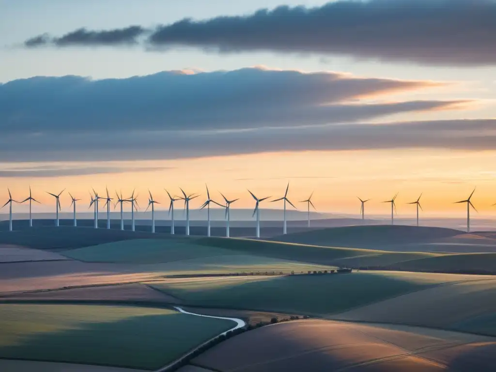 Un paisaje sereno al atardecer con modernos molinos de viento proyectando sombras largas en un paisaje dorado