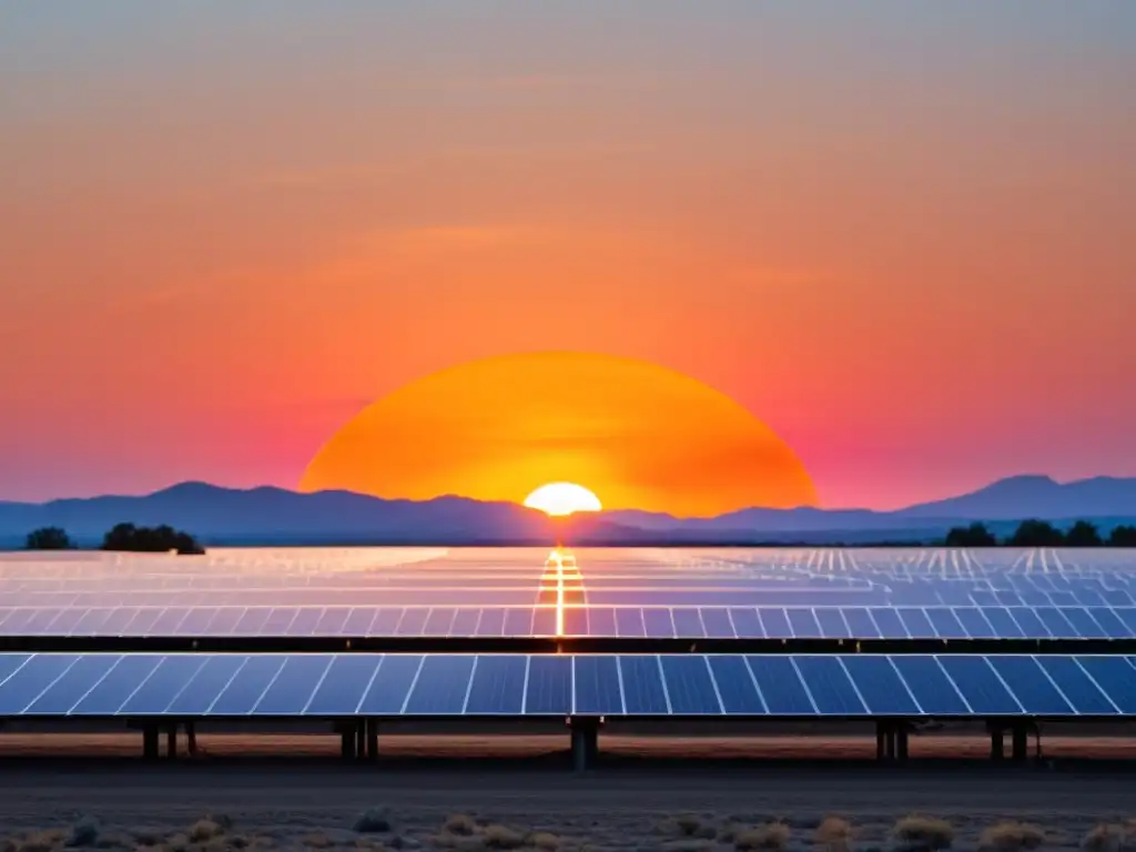 Un paisaje sereno al atardecer con paneles solares alineados, reflejando la integración de sistemas de energía solar